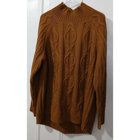 LL bean womens xl chunky cable knit wool mockneck sweater camel brown tan - Picture 1 of 7